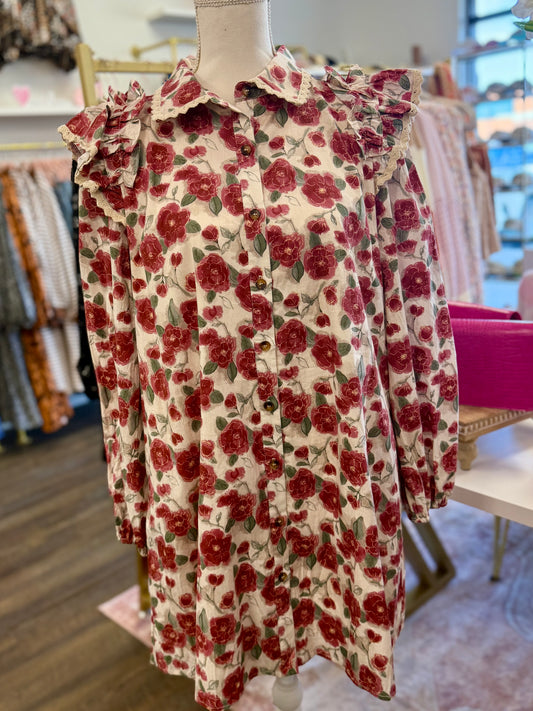 Rose Print Lace Trim Button Down Mini Dress