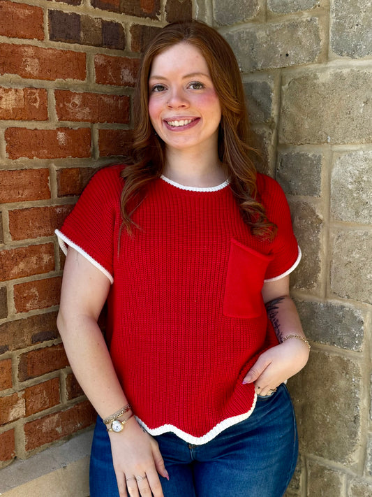 Red Scallop Hem Sweater Top