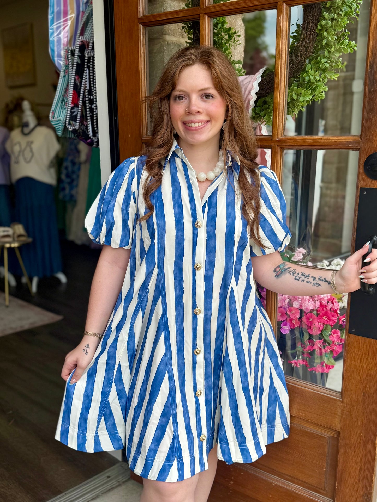 Blue Striped Button Dress
