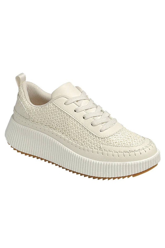 Neutral Blanket Stitched Platform Mesh Sneakers