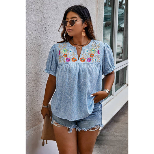 Plus Blue Floral Print V Neck Loose Fit Top