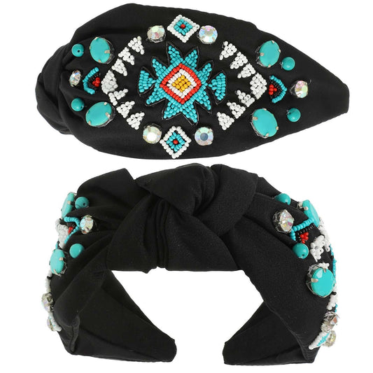 Black Western Aztec Design Top Knotted Beaded Headband