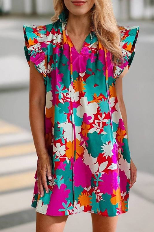 Floral Print Tie Split Neck Dress