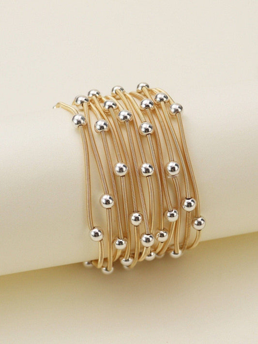 Gold & Silver Metallic Bead & Coil Bracelet Set