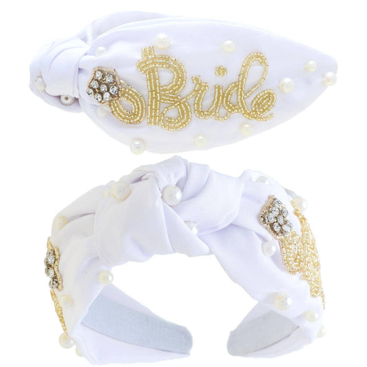Jeweled Ring Beaded "Bride" Pearl Knotted Headband