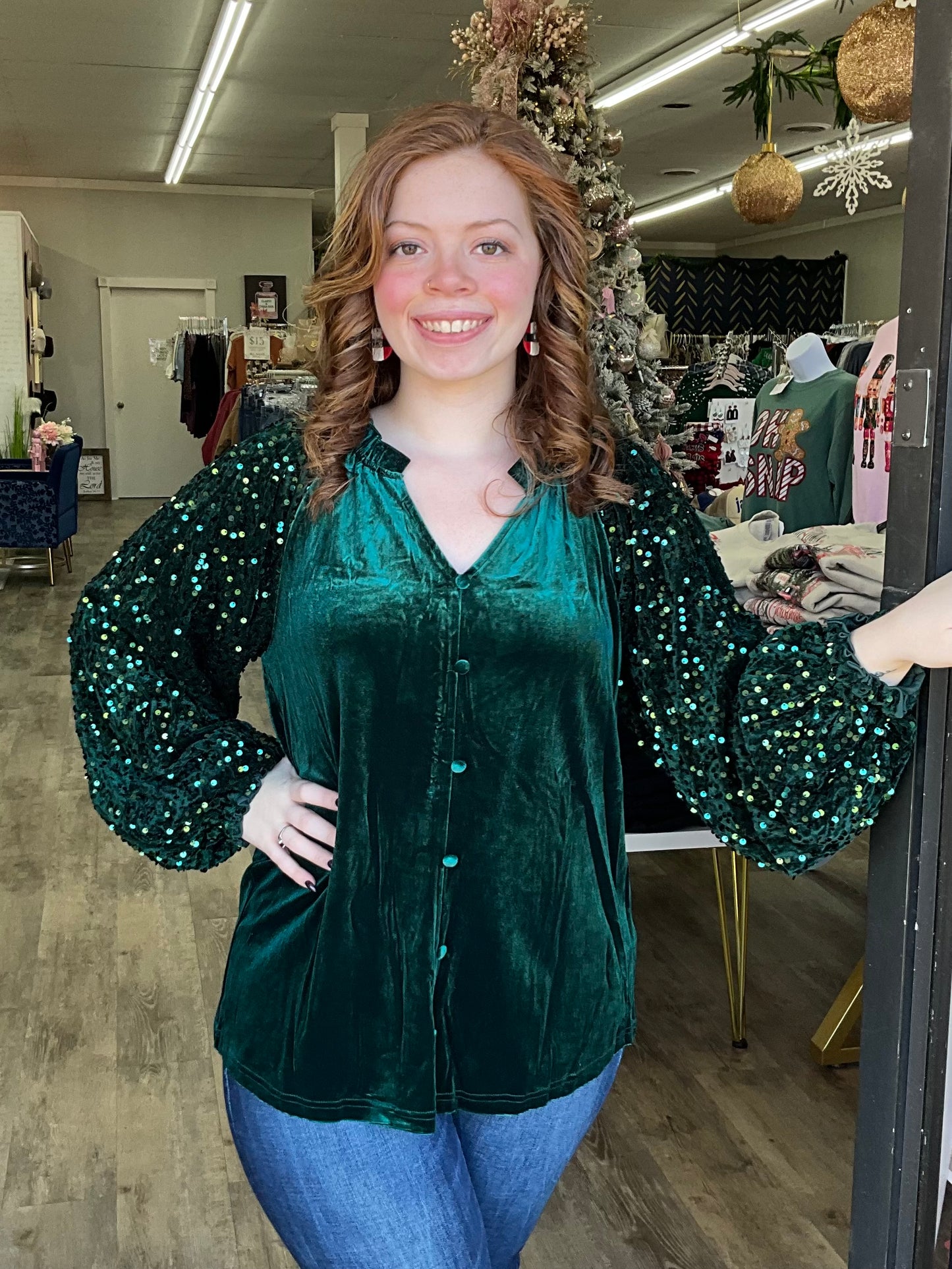 Green Velvet Sequin Sleeve Button Up Top