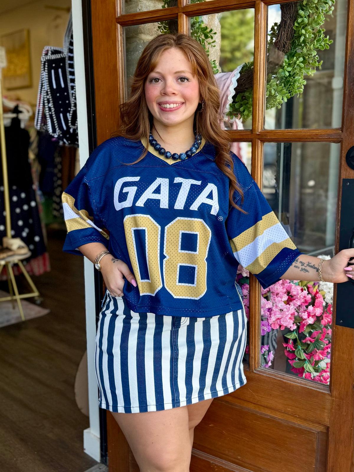 Navy Striped Denim Skirt