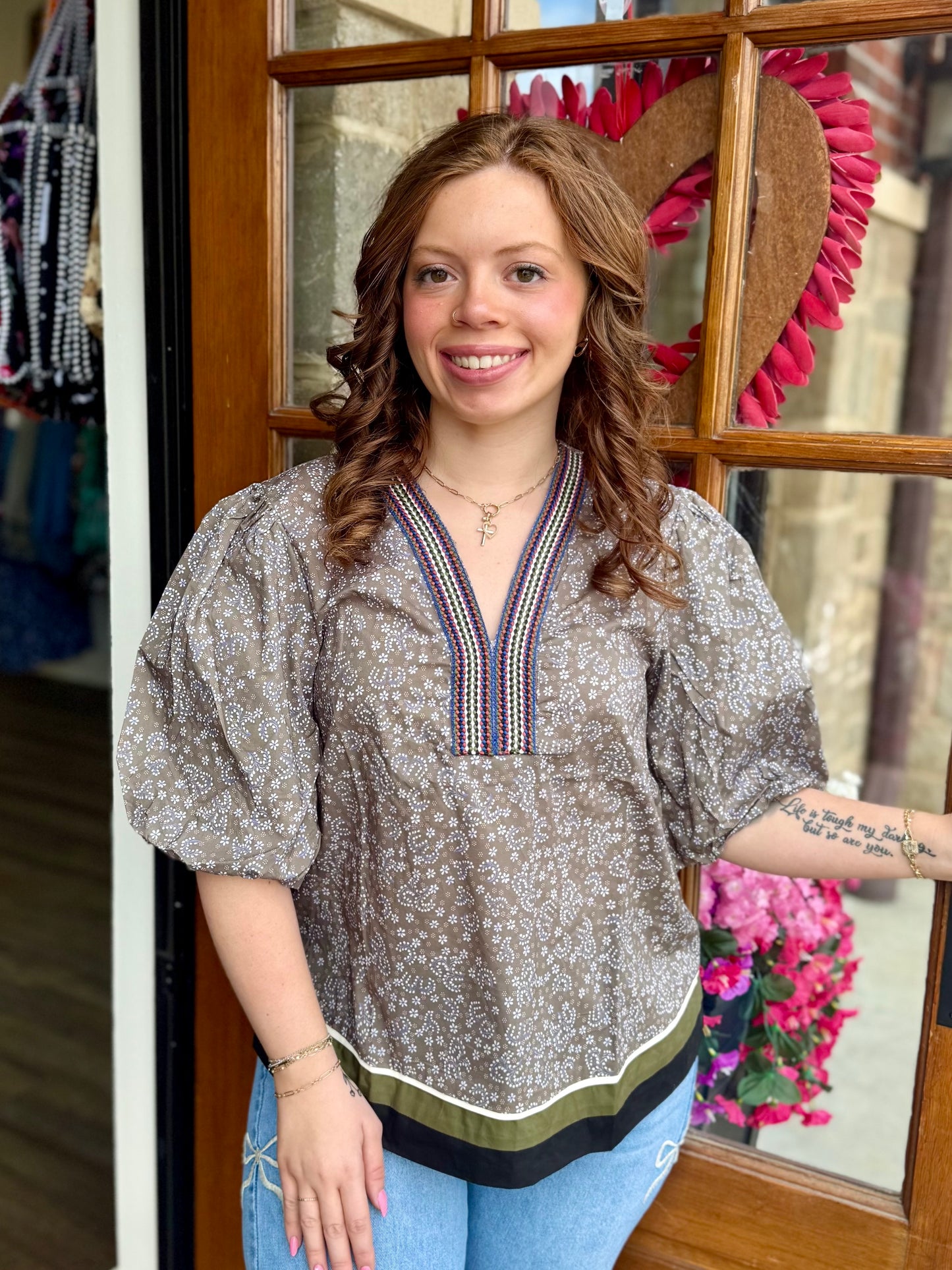 Olive Patch Woven Print Top