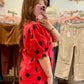 Red & Black Puff Sleeve Polka Dot Mini Dress