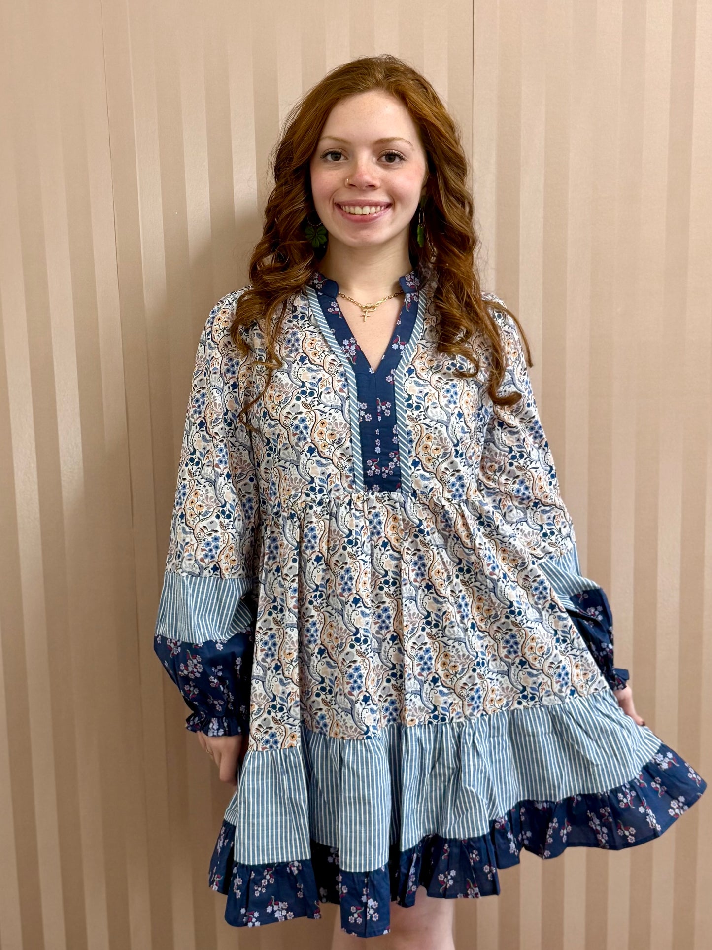 Blue Mix Match Fabric Tiered Dress