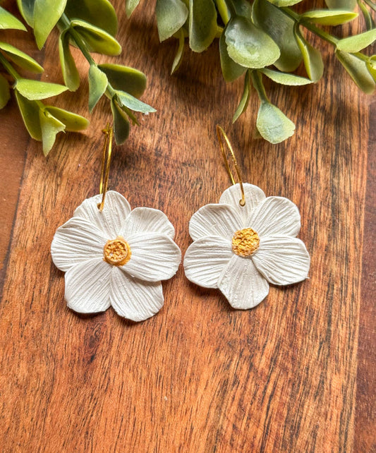 White Flower Dangle Clay Earrings