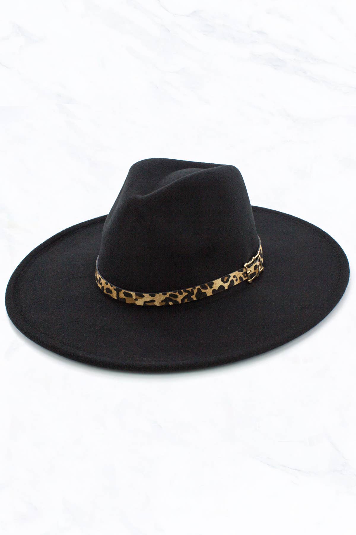 Black Big Brim Felt Hat with Leopard Belt