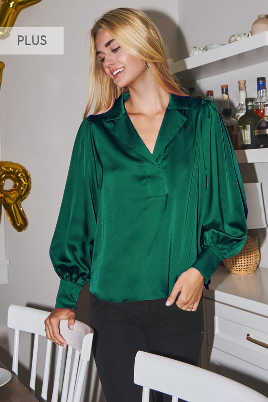 Green Plus Satin Long Sleeve Collared Blouse