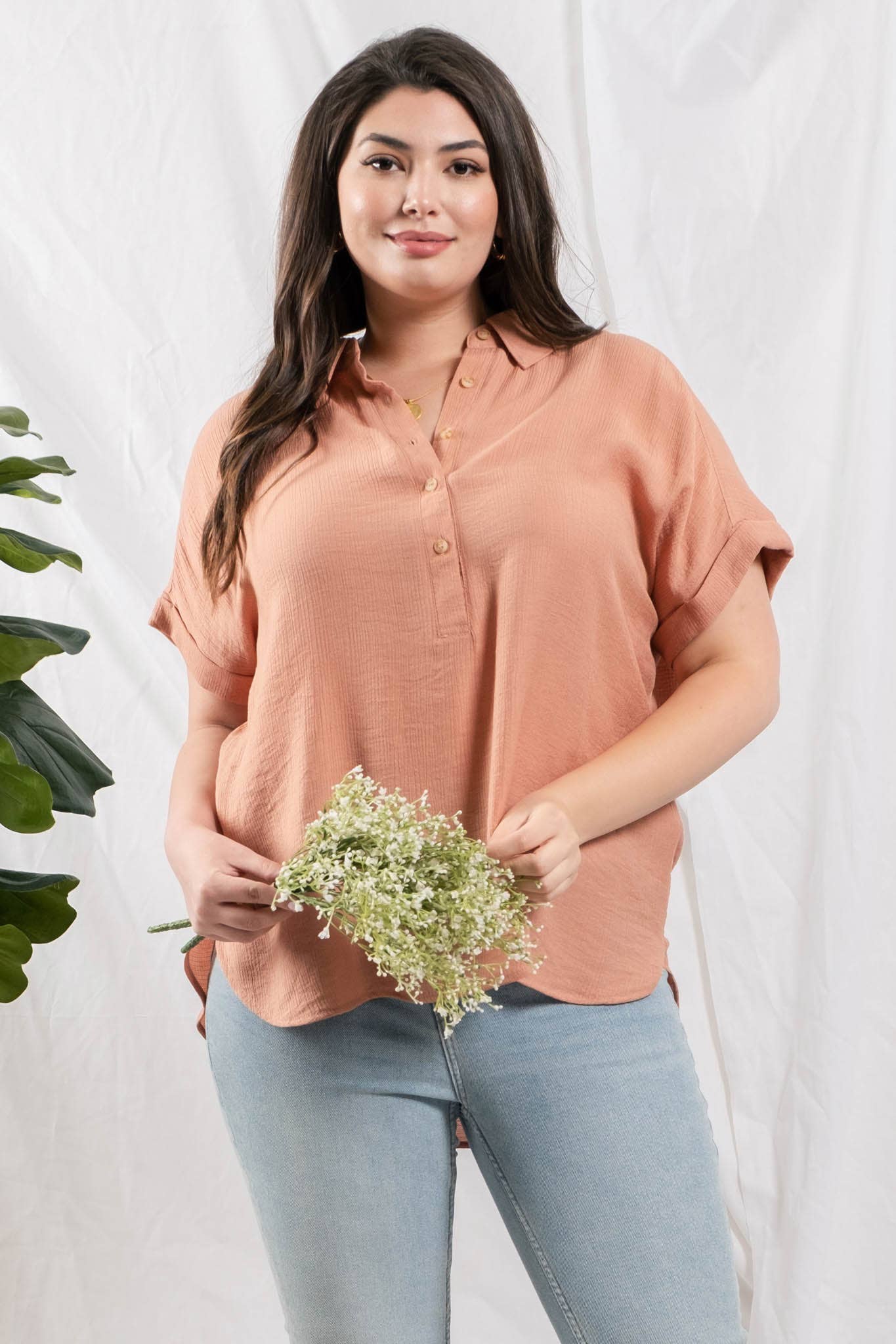 Plus Mid Button Cuffed Sleeve Top