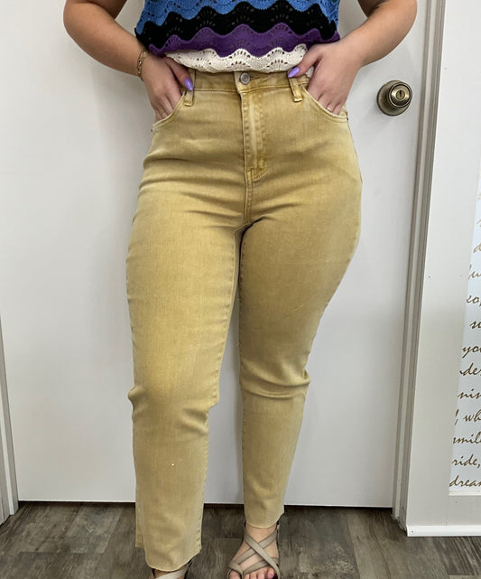 Z Mustard Acid Washed High Waist Crop Straight Jeans