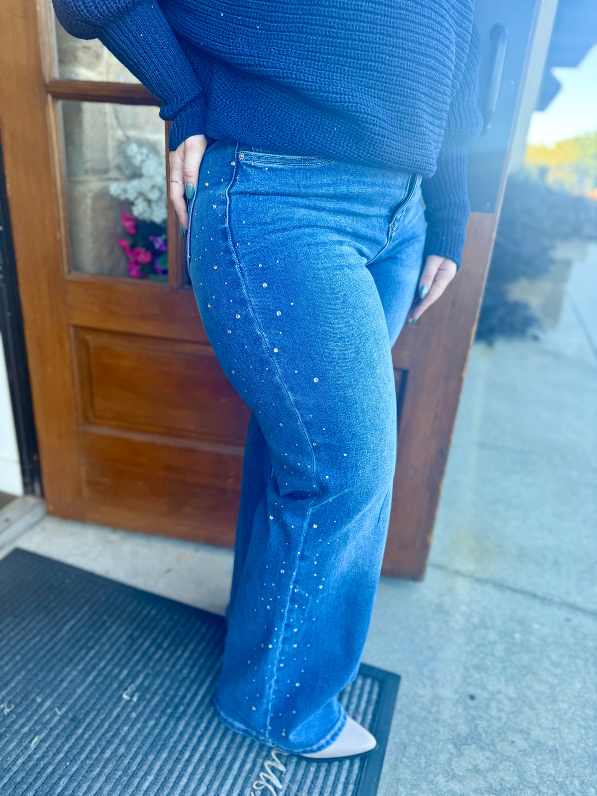 High Rise Wide Leg Jeans w/ Rhinestones