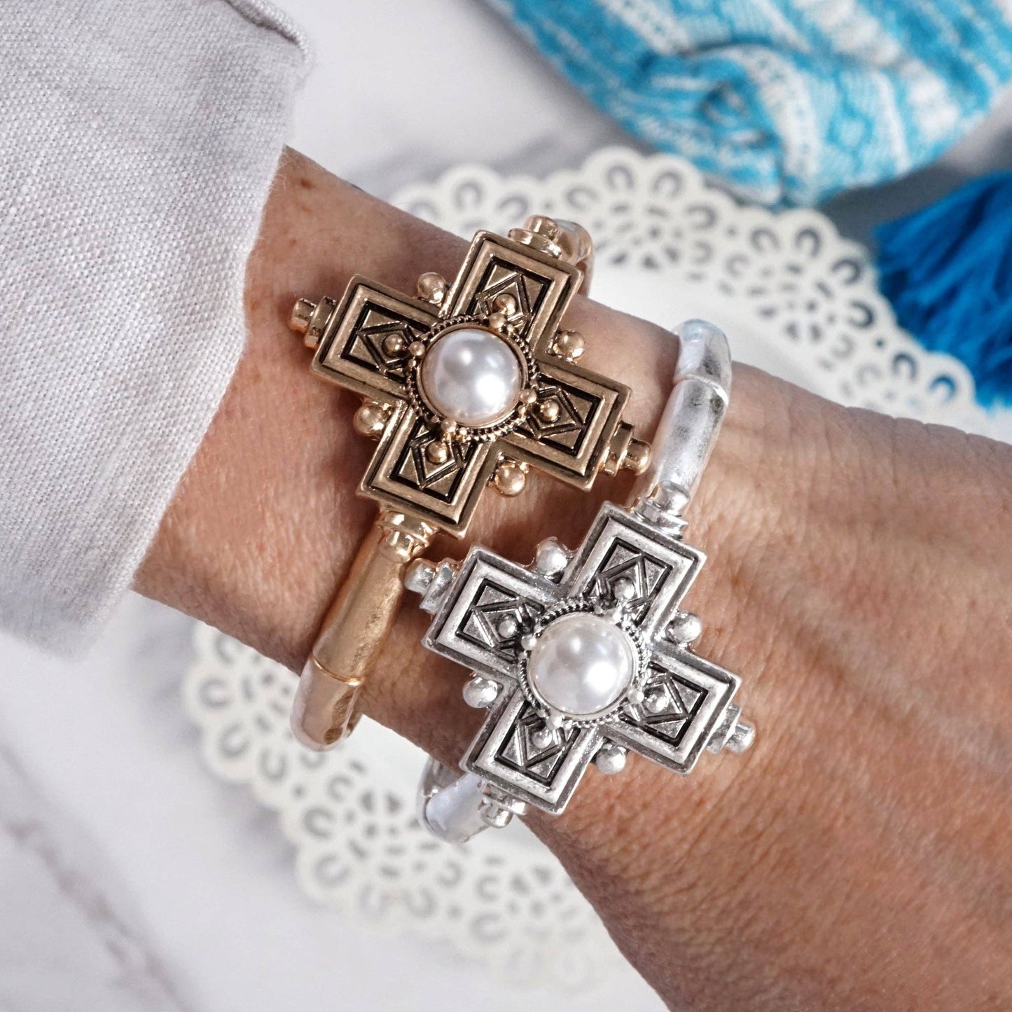 Gold Boho Cross Statement Bangle Bracelet