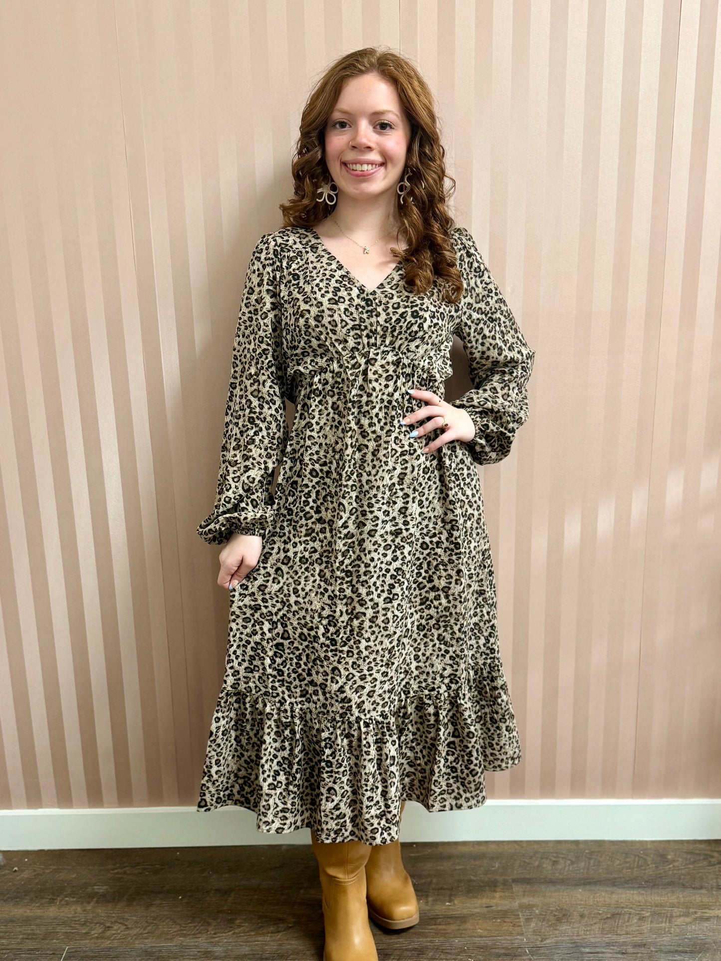 Taupe Brown Print Tiered Midi Dress