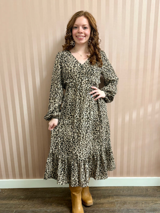 Taupe Brown Print Tiered Midi Dress