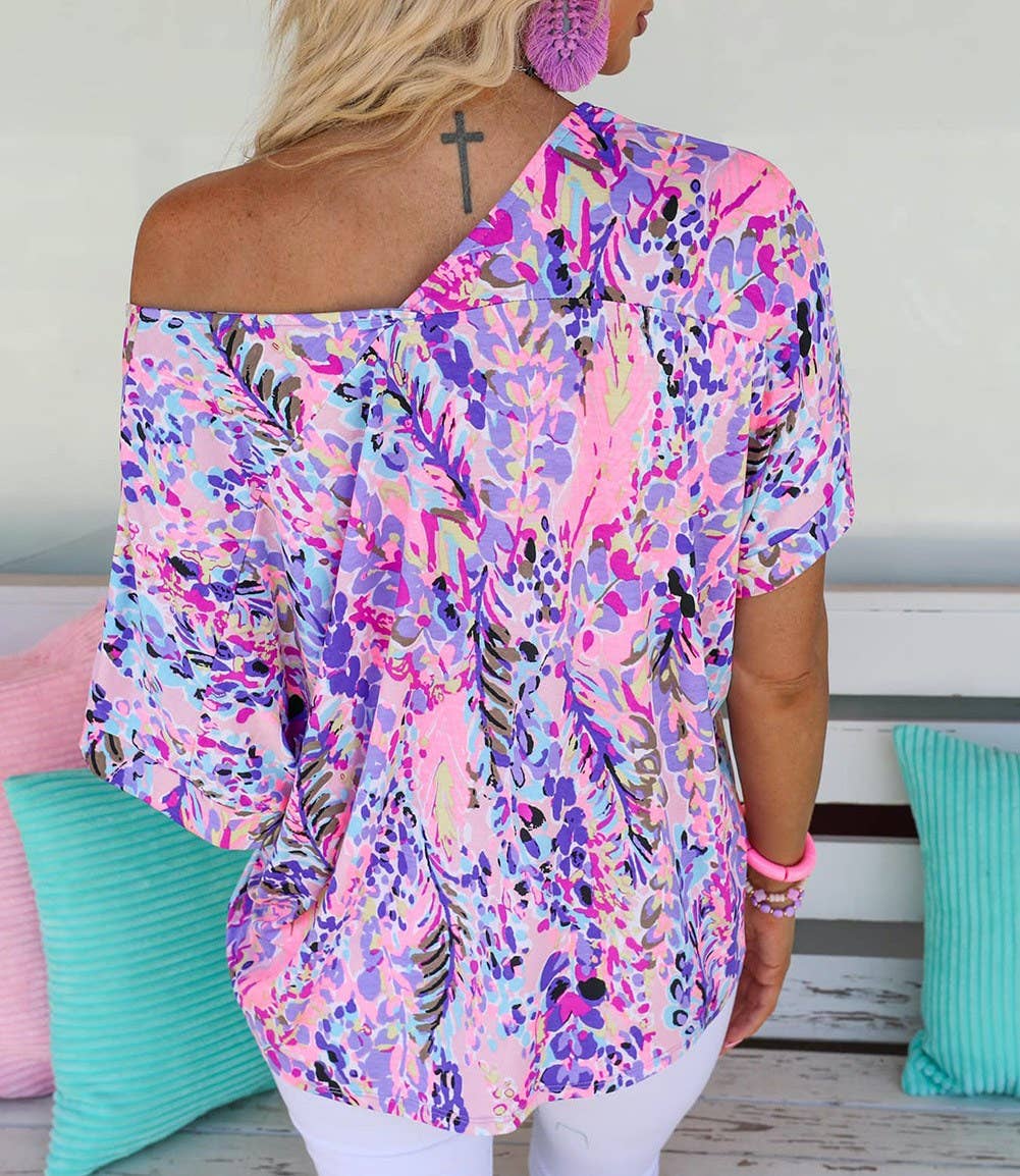 Pink V Neck Abstract Floral Top