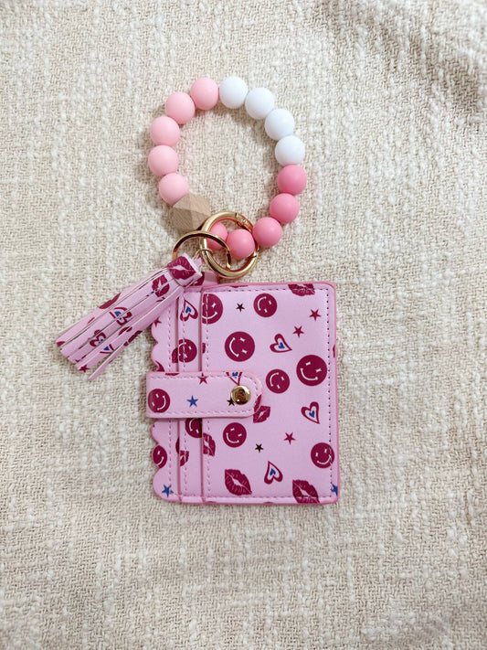 Pink Smiley Silicone Beaded Stretch Bracelet Wristlet ID