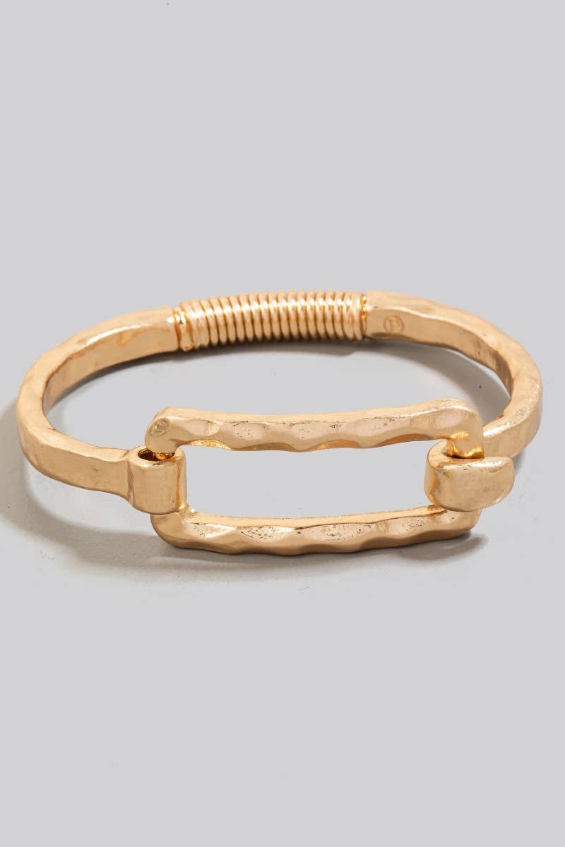 Gold Hammered Rectangle Coil Spring Hook Bracelet