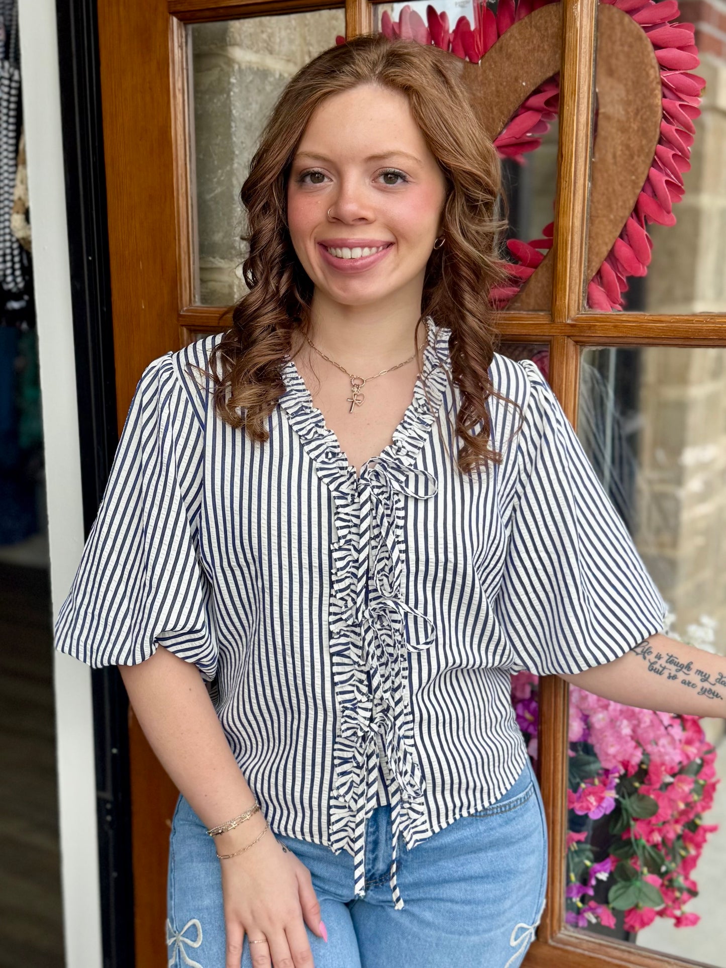 Navy & White Striped Tie Top