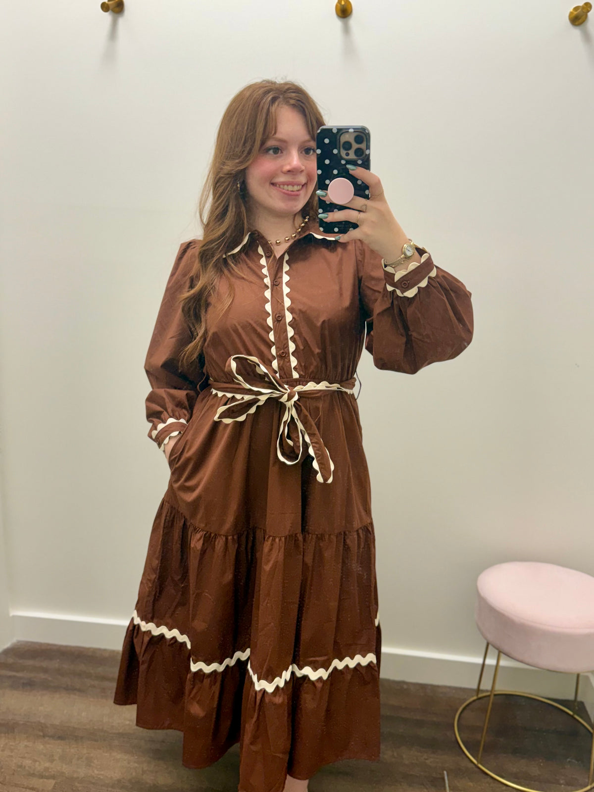 Brown Belted Waist Midi Dress