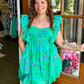 Green Multi Print Smocked Bubble Mini Dress
