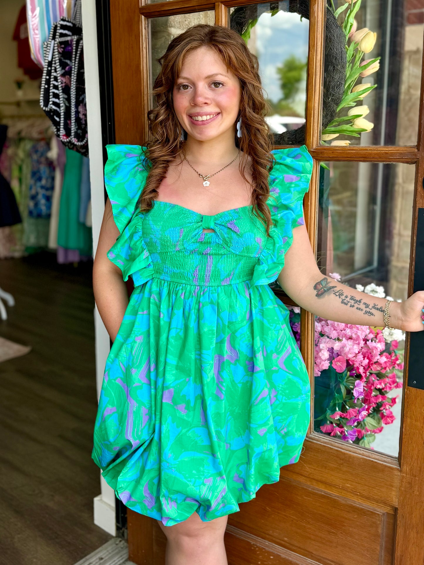 Green Multi Print Smocked Bubble Mini Dress