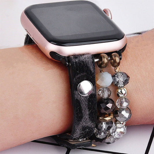 Black Leopard Calf Leather and Crystal Apple Watch Band: 38/40/41mm