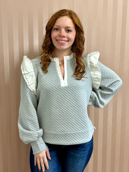 Heather Grey Textured Ruffle Shoulder Top