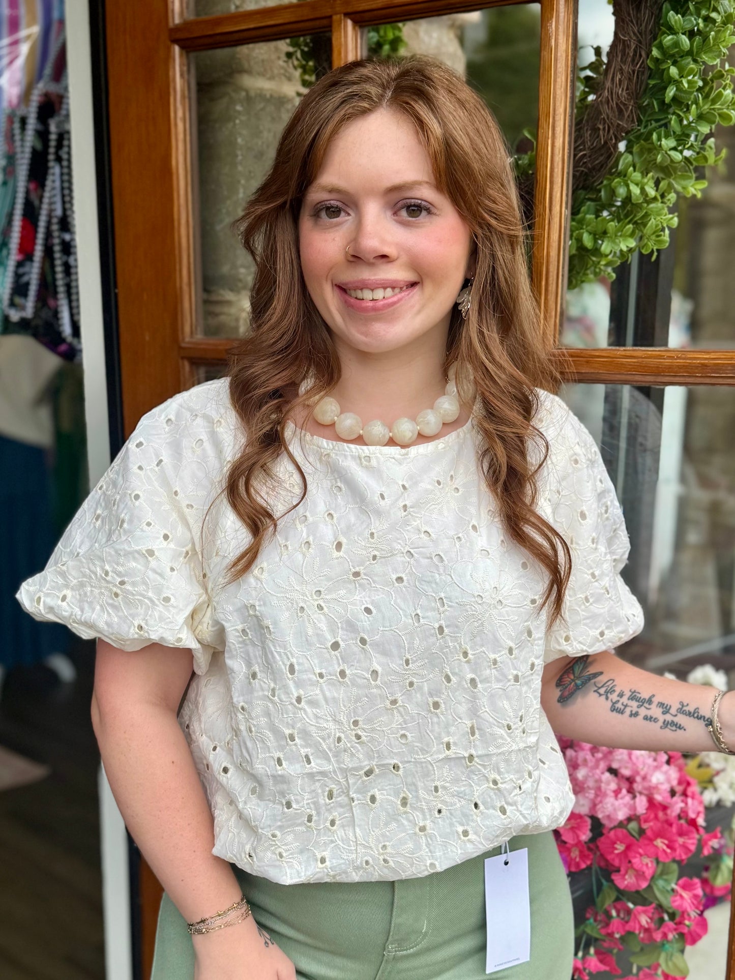 Cream Embroidered Eyelet Bubble Sleeve Top