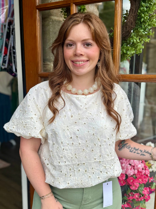 Cream Embroidered Eyelet Bubble Sleeve Top