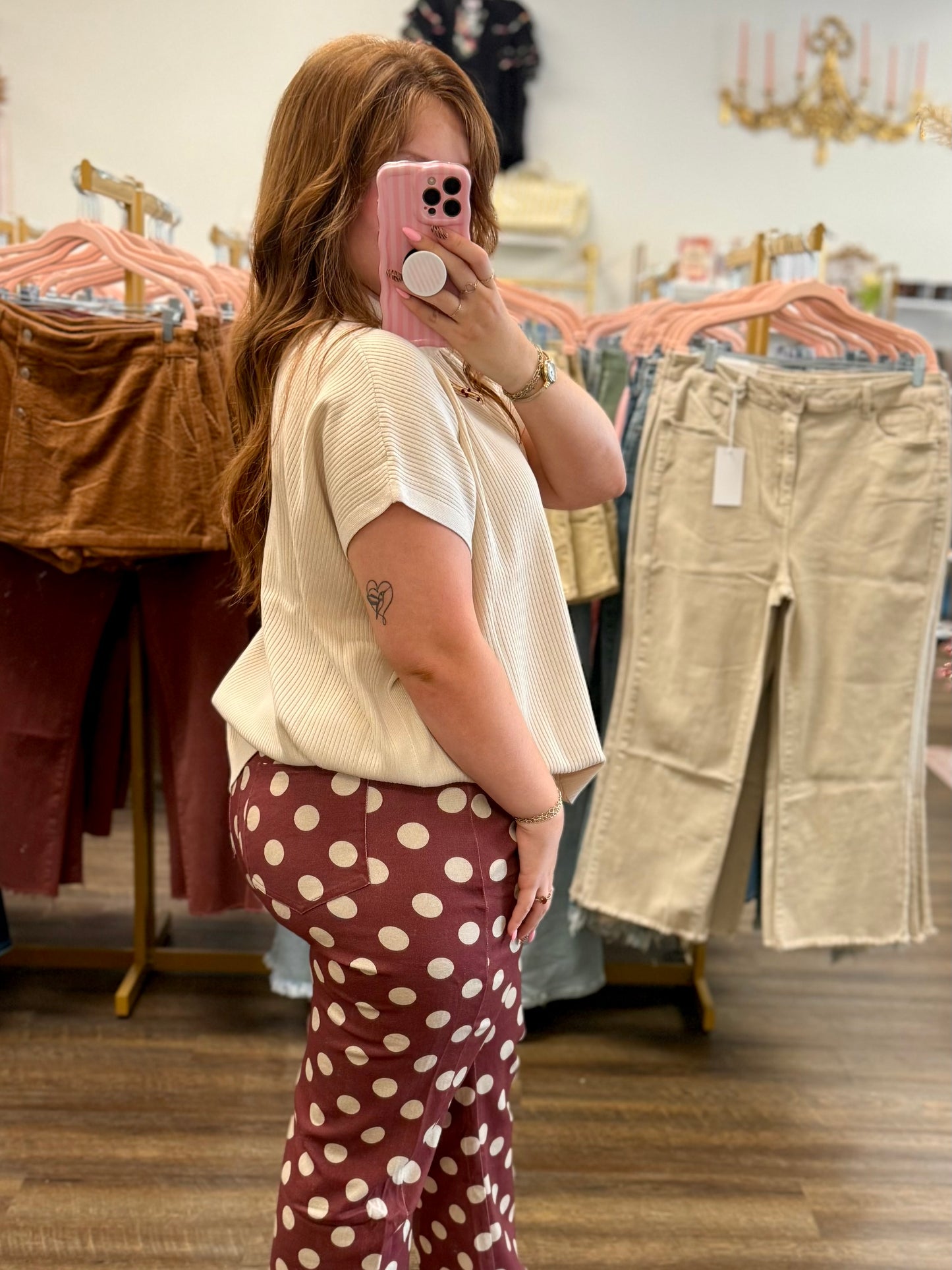 Burgundy Polka Dot Wide Straight Leg Pants