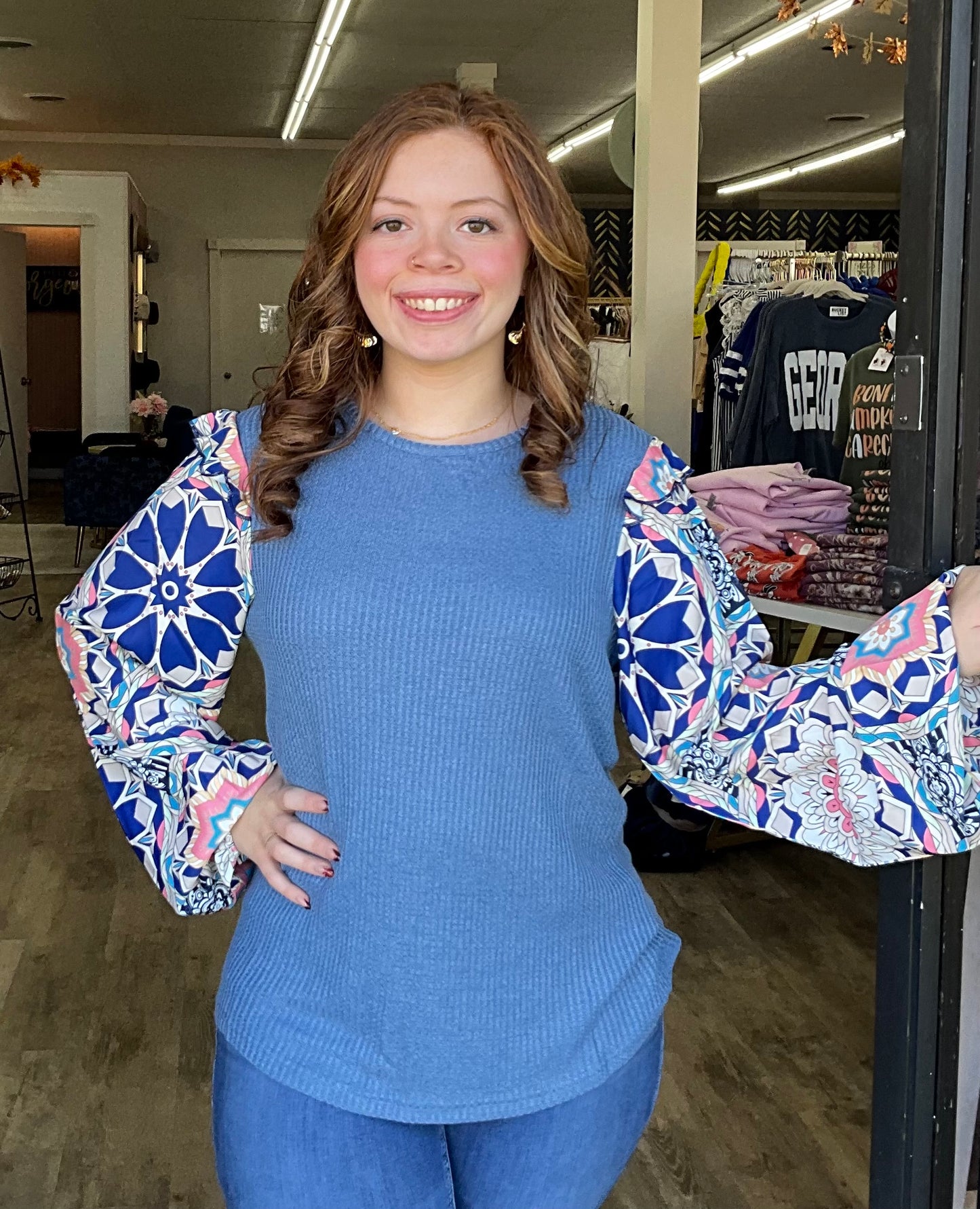 Blue Floral Waffle Knit Floral Sleeve Top