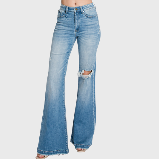 Petite Distressed Super High Rise 70’s Inspired Flare Jeans