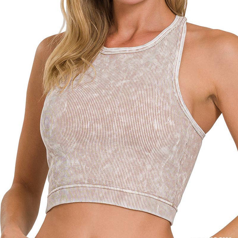 Ash Mocha Washed Ribbed Cropped Tank Top