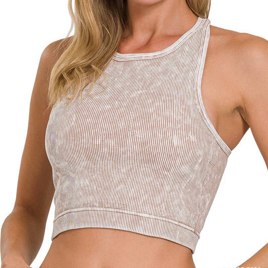 Ash Mocha Washed Ribbed Cropped Tank Top