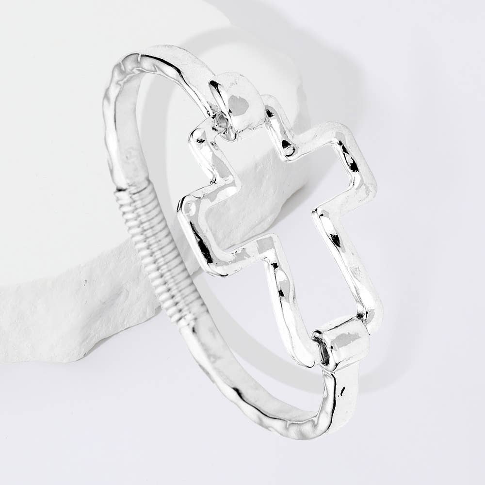 Silver Hammered Open Metal Cross Hook Bracelet