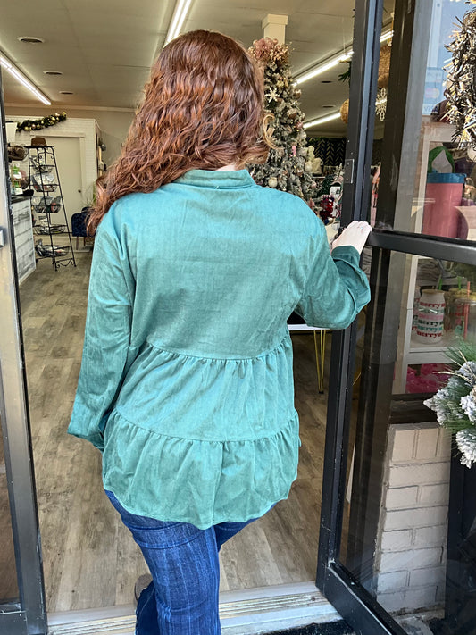 Green Smocked Ruffle Tiered Button Up Top