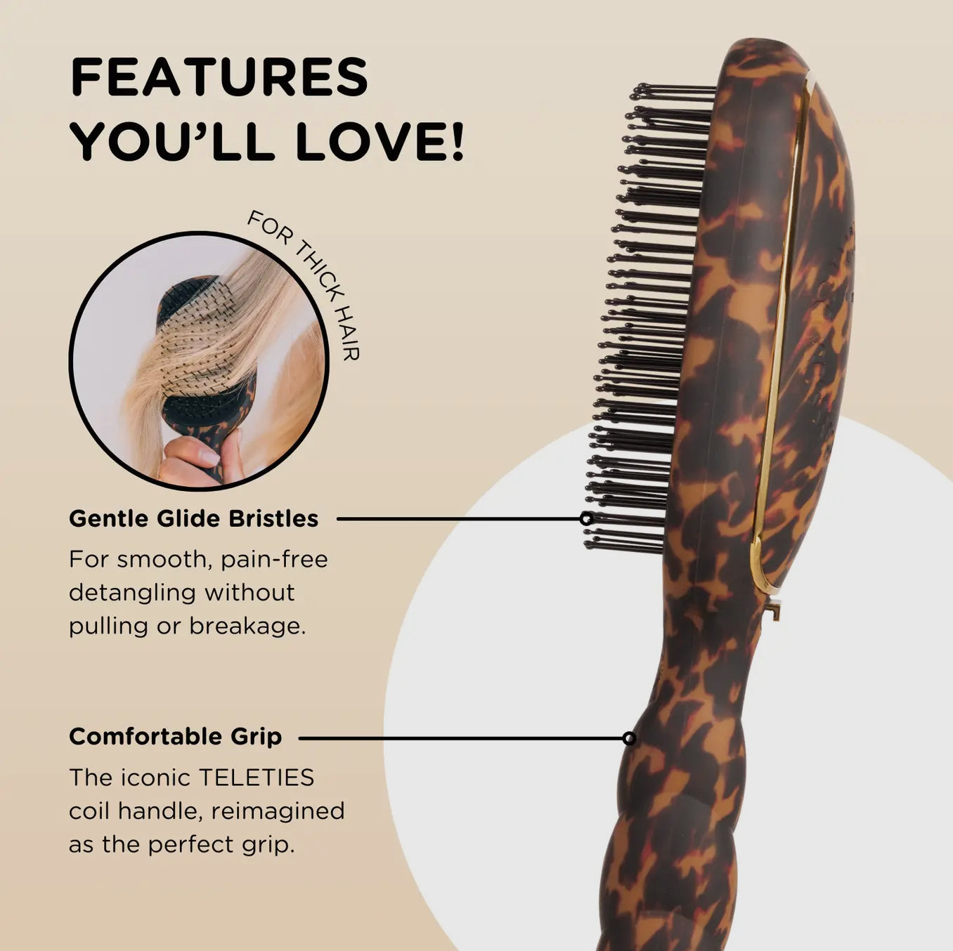 TELETIES Tortoise Detangler Hair Brush for Thick Hair