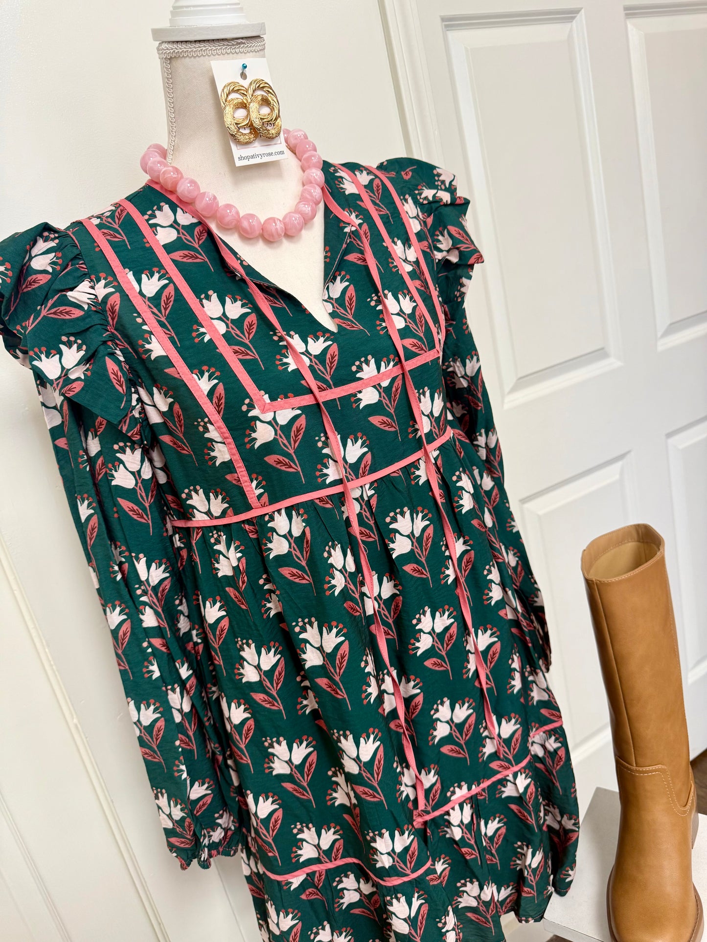 Hunter Green Ruffled Shoulder Floral Dress