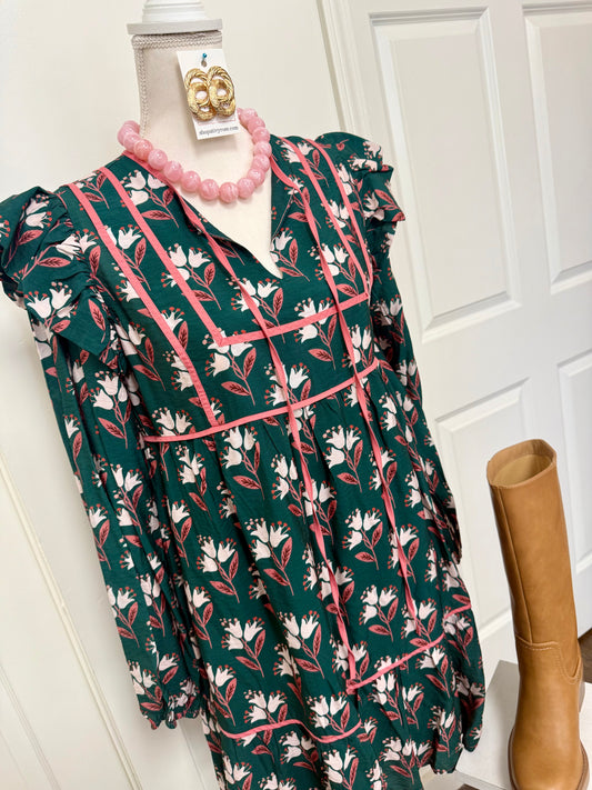 Hunter Green Ruffled Shoulder Floral Dress