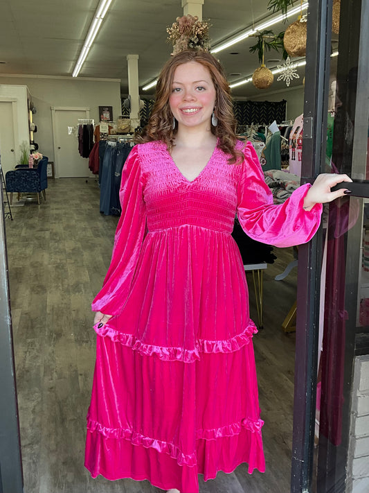 Pink Velvet Ruffle Dress