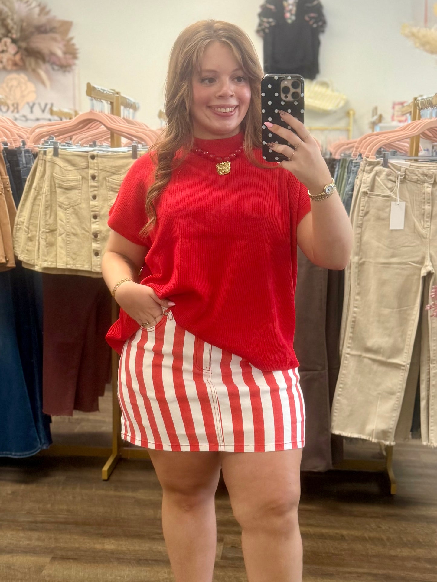 Red Striped Denim Skirt