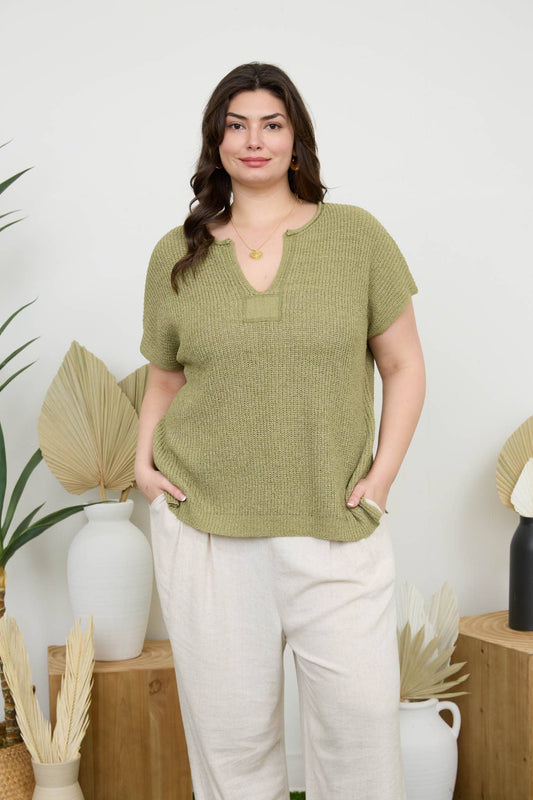 Plus Olive Split Neck Knit Pullover