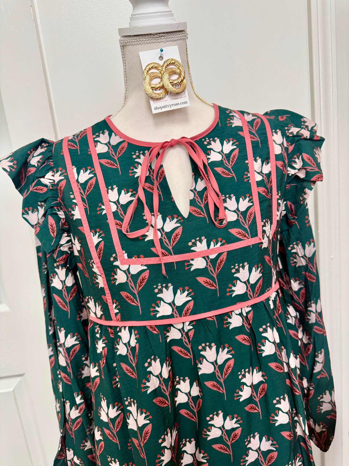 Hunter Green Ruffled Shoulder Floral Dress