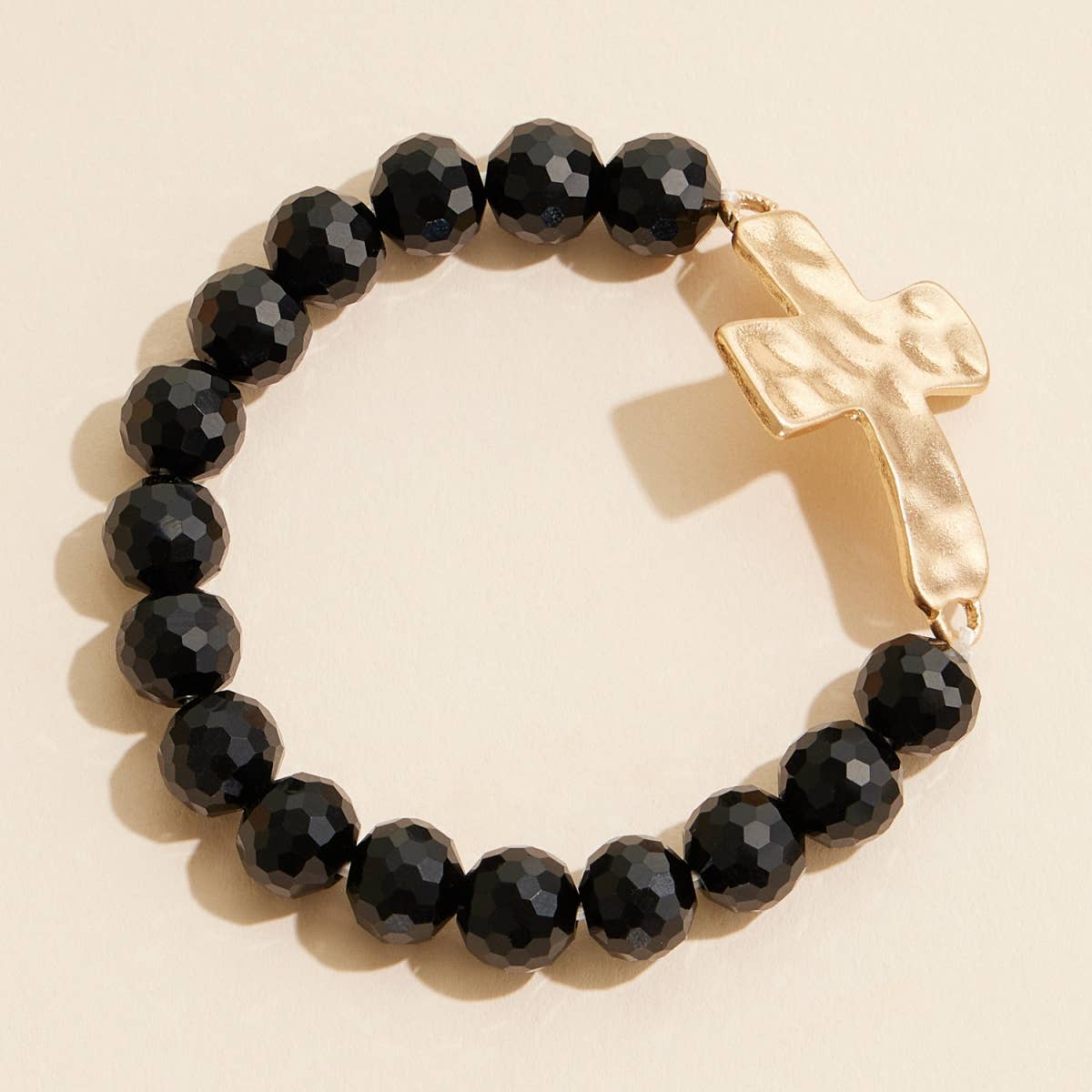 Black Cross Charm Glass Beaded Stretch Bracelet