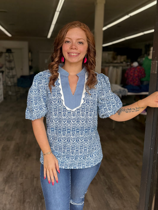 Blue Floral Ric Rac Puff Sleeve Top
